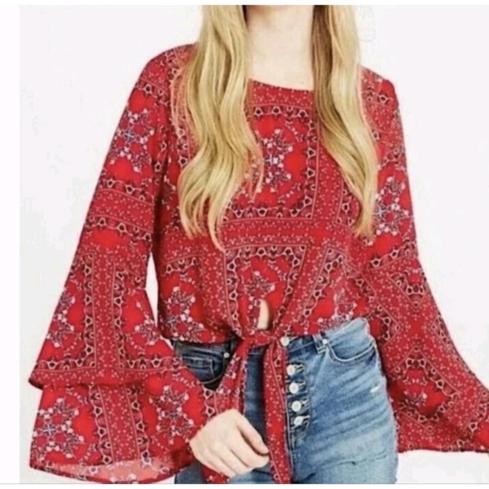 Altar'd State Mackenzie Red Bandana Print Tie Front Bell Sleeve Blouse Large